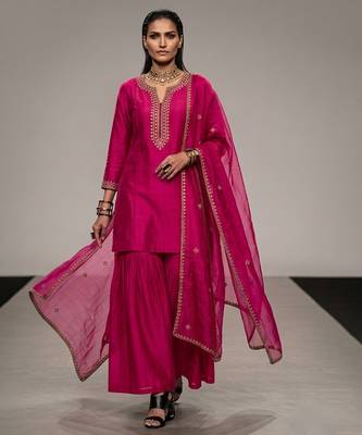 Pink embroidered raw silk sharara set 1
