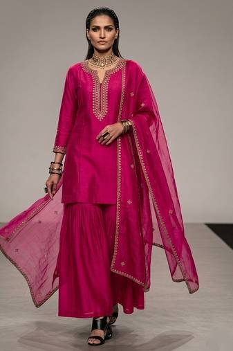 Pink embroidered raw silk sharara set