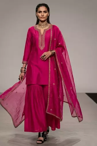Pink embroidered raw silk sharara set