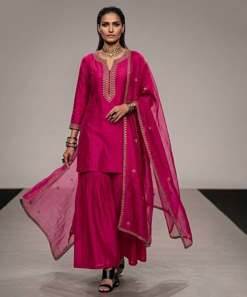 Pink embroidered raw silk sharara set