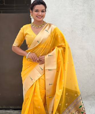 Yellow woven self design organza paithani saree with blouse 2