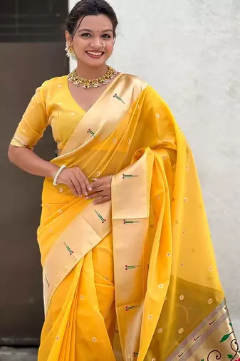 Yellow woven self design organza paithani saree with blouse