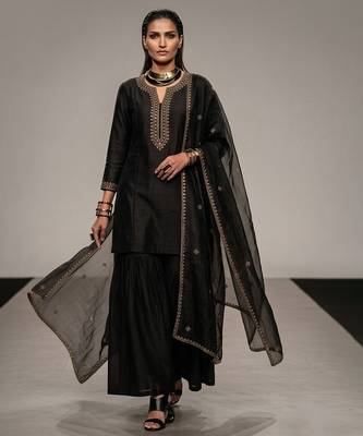 Black embroidered raw silk sharara set 1