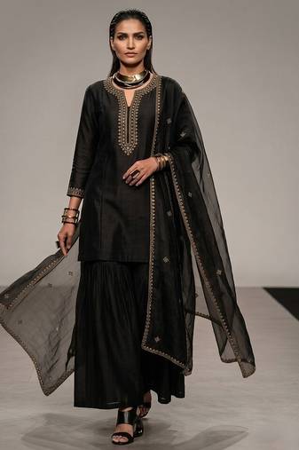 Black embroidered raw silk sharara set