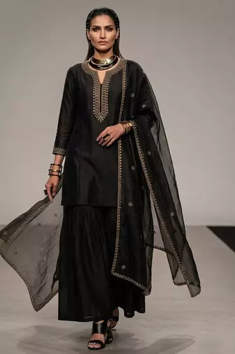 Black embroidered raw silk sharara set