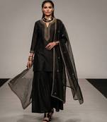 Black embroidered raw silk sharara set