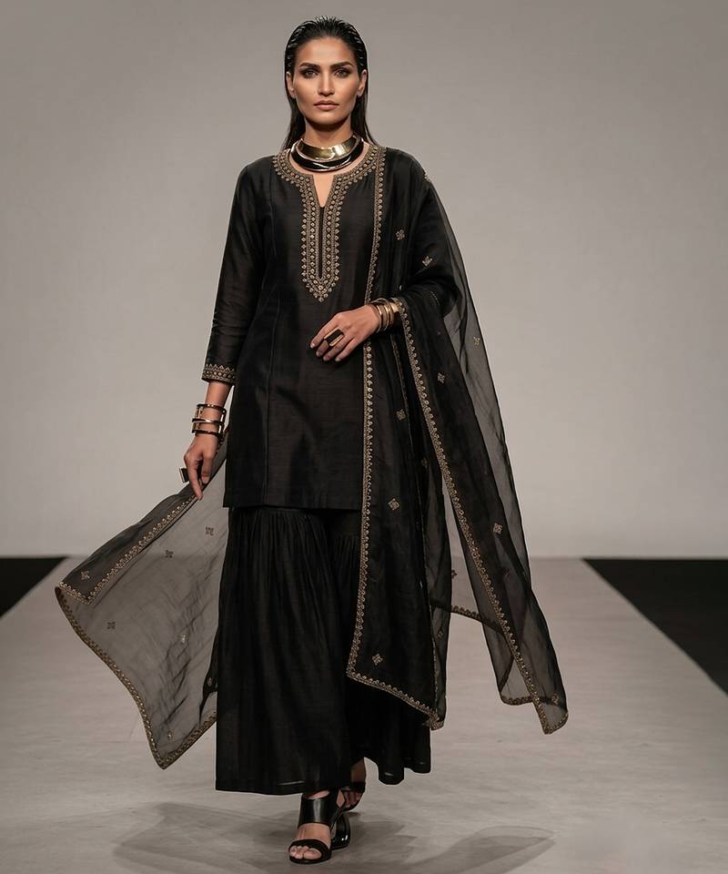 Black embroidered raw silk sharara set