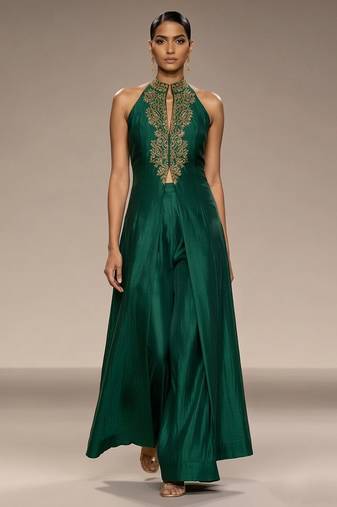 Emerald green embroidered raw silk co ord set
