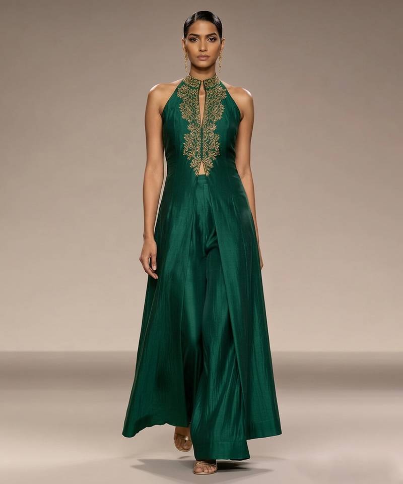 Emerald green embroidered raw silk co ord set