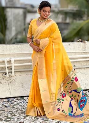 Yellow woven self design organza paithani saree with blouse 3