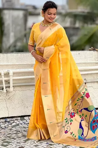 Yellow woven self design organza paithani saree with blouse