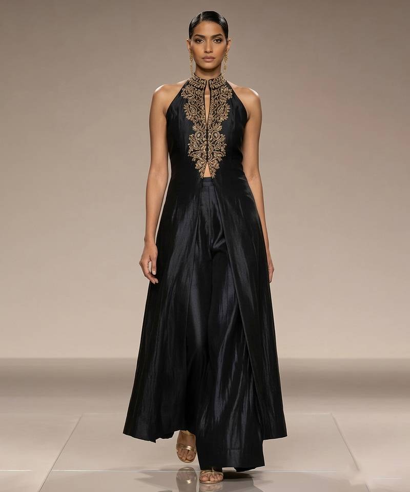 Black embroidered raw silk co ord set