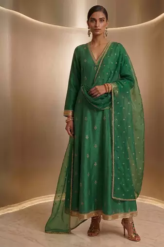 Green embroidered chanderi silk kurta set