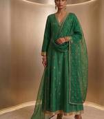 Green embroidered chanderi silk kurta set