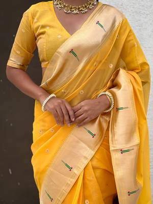 Yellow woven self design organza paithani saree with blouse 4