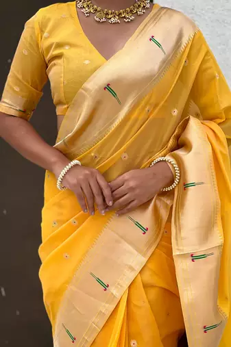 Yellow woven self design organza paithani saree with blouse