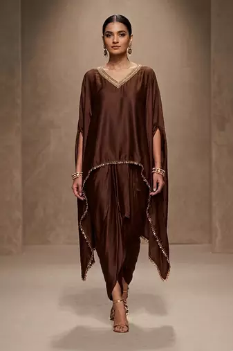 Brown embroidered modal satin kaftan