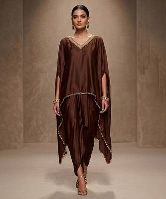 Brown embroidered modal satin kaftan 1