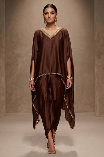 Brown embroidered modal satin kaftan