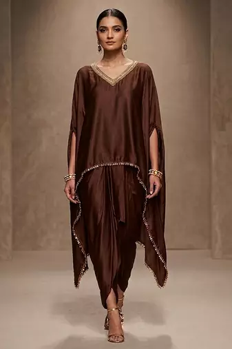 Brown embroidered modal satin kaftan