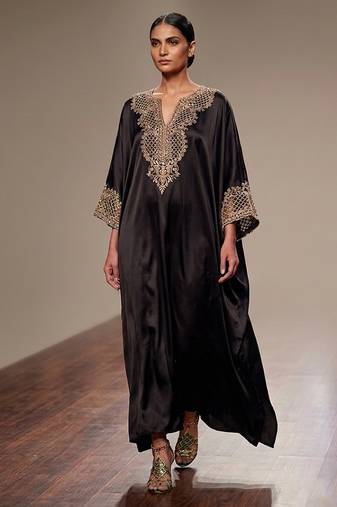 Black embroidered modal satin kaftan