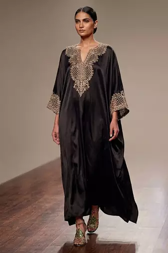 Black embroidered modal satin kaftan