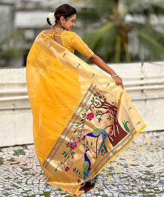 Yellow woven self design organza paithani saree with blouse 5