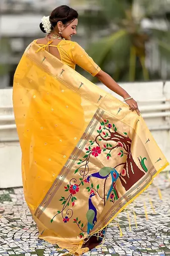 Yellow woven self design organza paithani saree with blouse