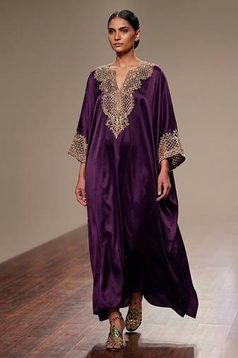Purple embroidered modal satin kaftan