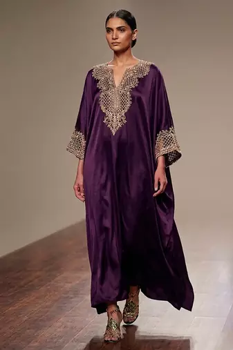 Purple embroidered modal satin kaftan