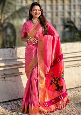 Baby pink woven self design pure silk paithani saree with blouse 1