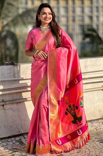 Baby pink woven self design pure silk paithani saree with blouse