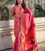 Baby pink woven self design pure silk paithani saree with blouse