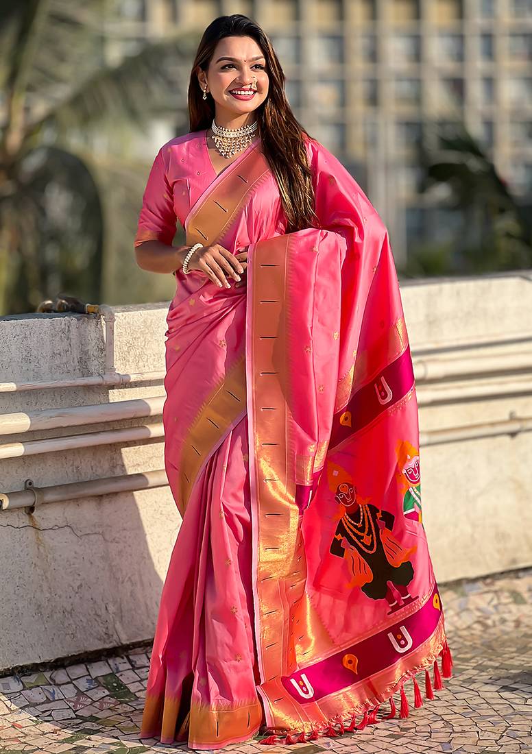 Baby pink woven self design pure silk paithani saree with blouse