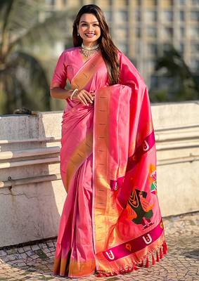 Baby pink woven self design pure silk paithani saree with blouse 2