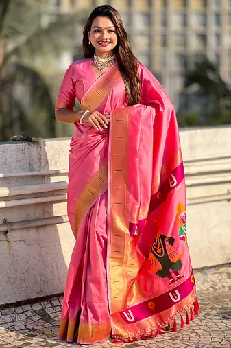 Baby pink woven self design pure silk paithani saree with blouse
