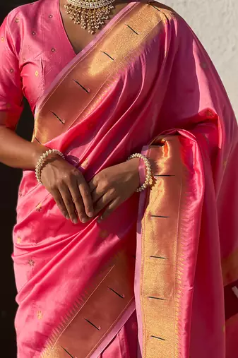 Baby pink woven self design pure silk paithani saree with blouse