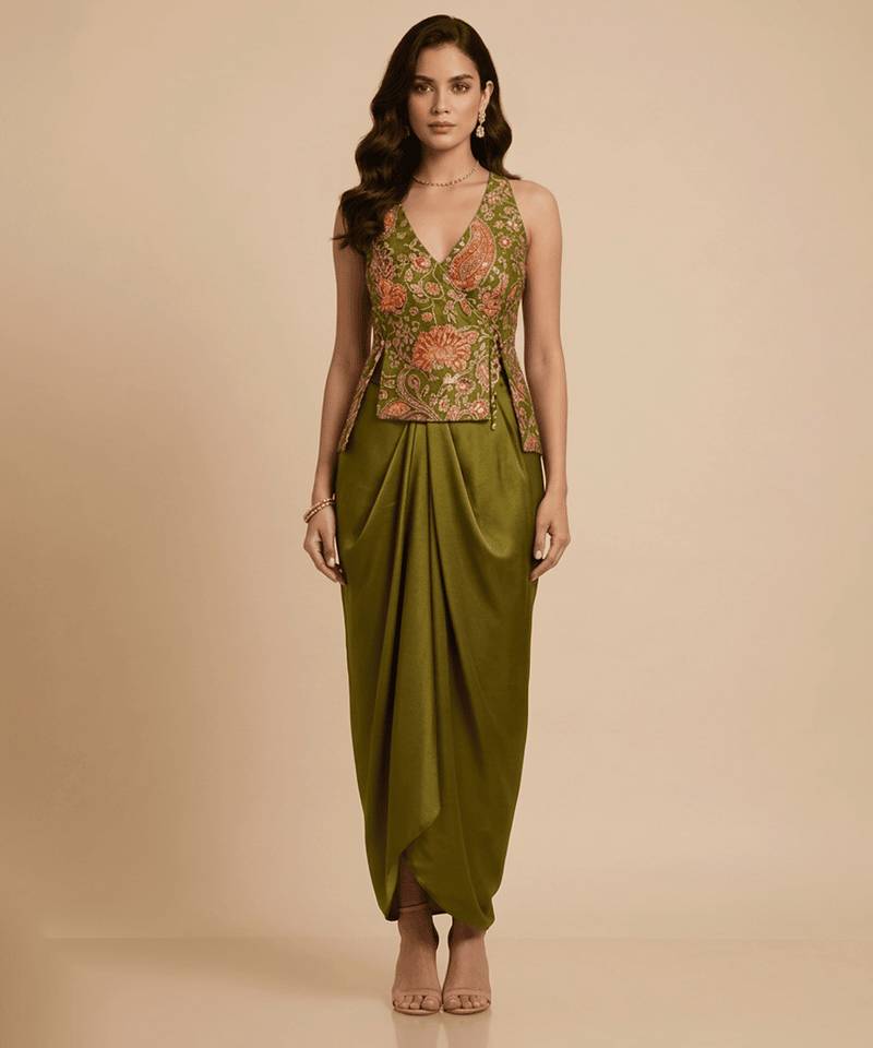 Green embroidered crepe co ord set