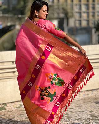 Baby pink woven self design pure silk paithani saree with blouse 5