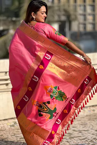 Baby pink woven self design pure silk paithani saree with blouse
