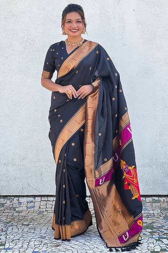 Black woven self design pure silk paithani saree with blouse