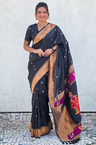 Black woven self design pure silk paithani saree with blouse