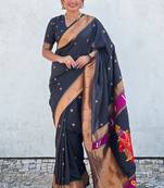 Black woven self design pure silk paithani saree with blouse
