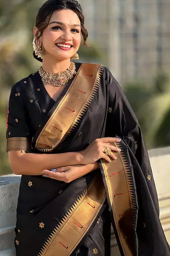 Black woven self design pure silk paithani saree with blouse