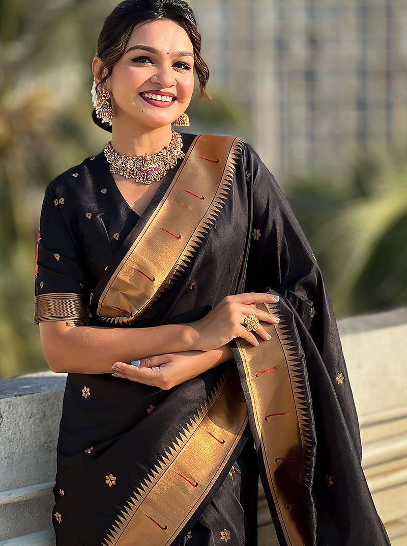 Black woven self design pure silk paithani saree with blouse
