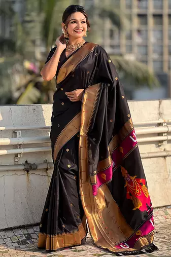 Black woven self design pure silk paithani saree with blouse