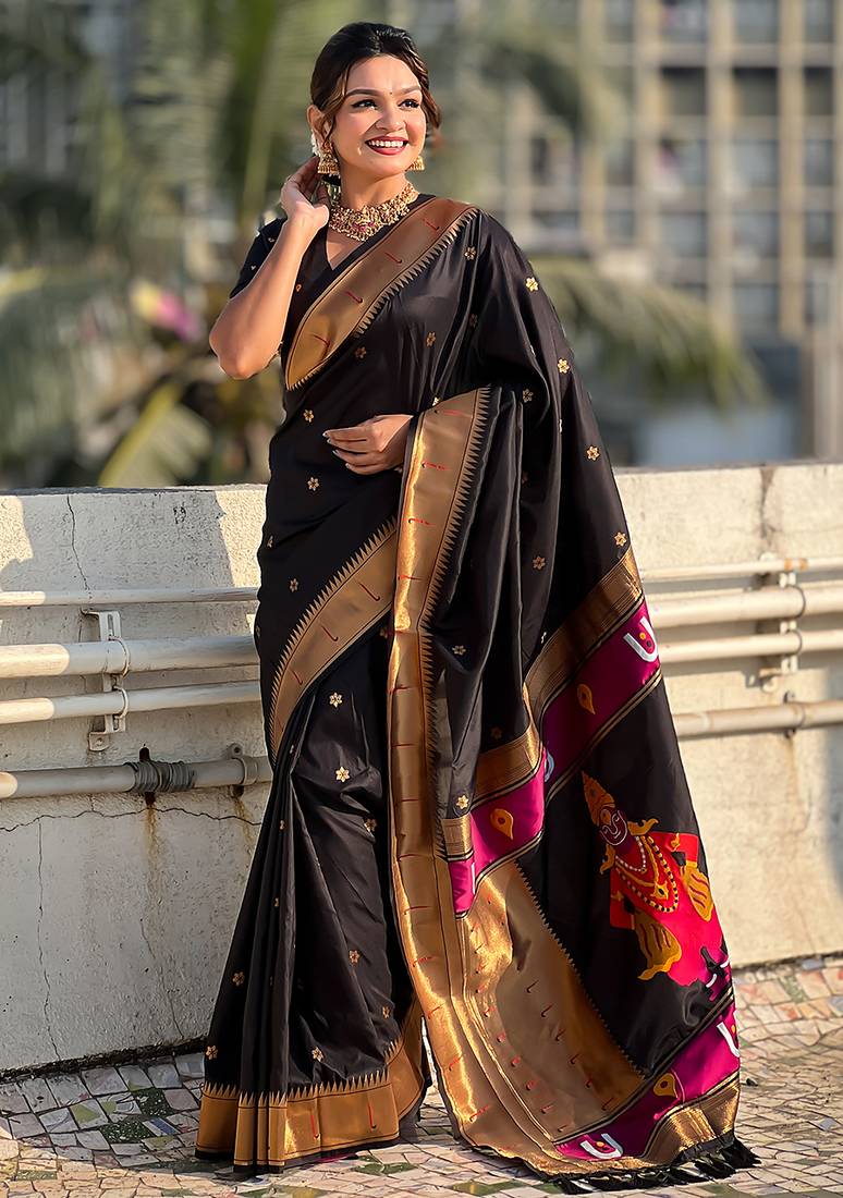 Black woven self design pure silk paithani saree with blouse