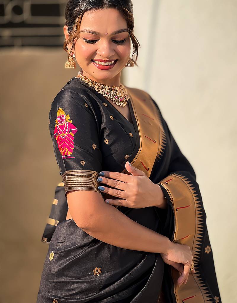 Black woven self design pure silk paithani saree with blouse