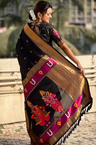Black woven self design pure silk paithani saree with blouse
