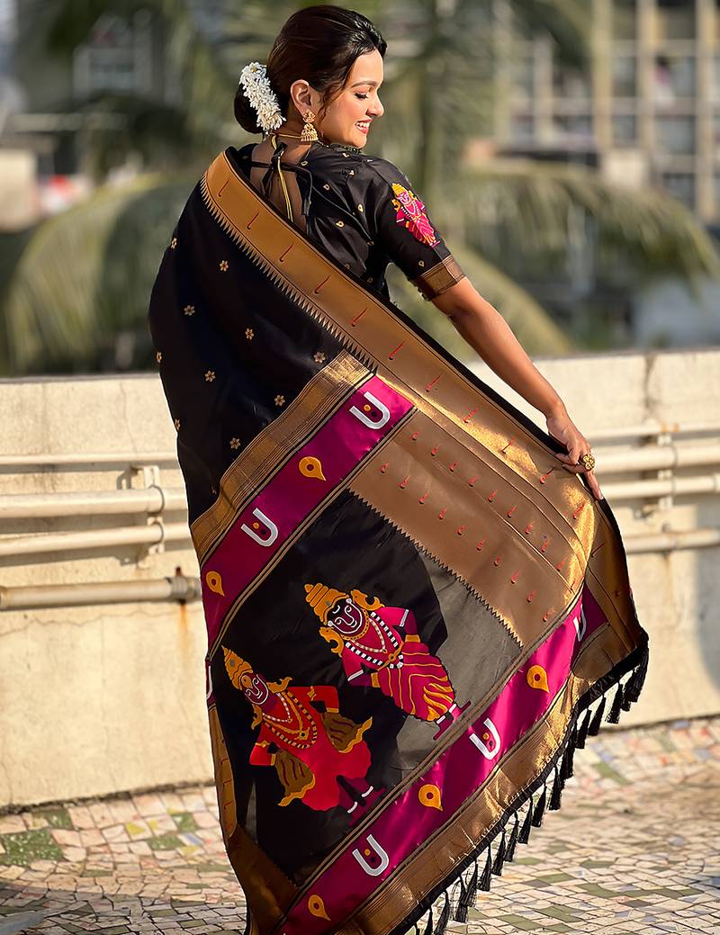 Black woven self design pure silk paithani saree with blouse